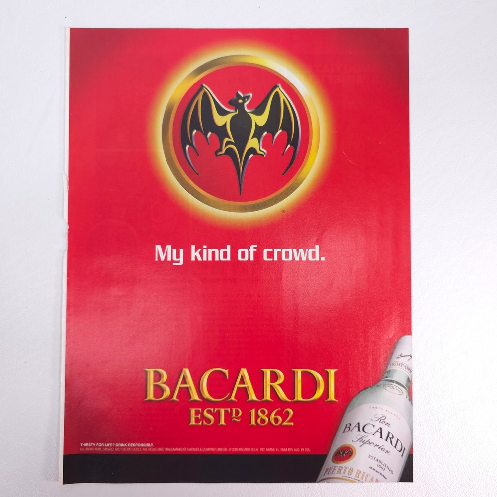 Vintage Bacardi Rum Advertising Print Ad Red Bat Logo Bar Decor Collector Promo